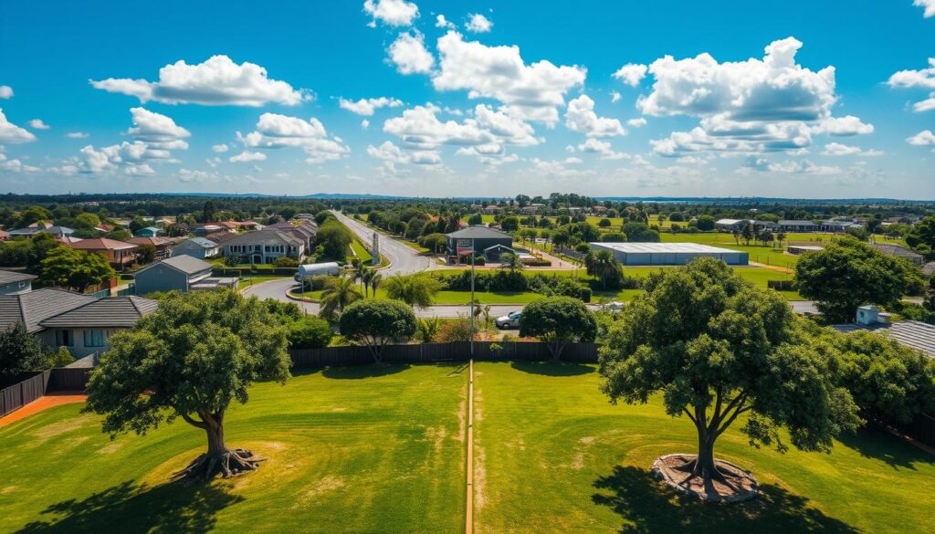 Aerial view of a suburban property area in Hennopspark, Centurion, highlighting both residential homes and nearby industrial sites. In the foreground, two neatly manicured lawns with mature trees showcasing clear signs of recent tree felling, with tree stumps visible. In the middle ground, a mix of modern homes and low-rise industrial buildings, set against a bright blue sky with fluffy white clouds. The background features lush green spaces and additional trees, some with protective coverings, hinting at environmental stewardship practices. Soft, natural lighting enhances the scene, creating a warm and inviting atmosphere. The angle captures the essence of local development and nature preservation, illustrating the community's balance between residential living and industrial activity. Aerial view of a suburban property area in Hennopspark, Centurion, highlighting both residential homes and nearby industrial sites. In the foreground, two neatly manicured lawns with mature trees showcasing clear signs of recent tree felling, with tree stumps visible. In the middle ground, a mix of modern homes and low-rise industrial buildings, set against a bright blue sky with fluffy white clouds. The background features lush green spaces and additional trees, some with protective coverings, hinting at environmental stewardship practices. Soft, natural lighting enhances the scene, creating a warm and inviting atmosphere. The angle captures the essence of local development and nature preservation, illustrating the community's balance between residential living and industrial activity.