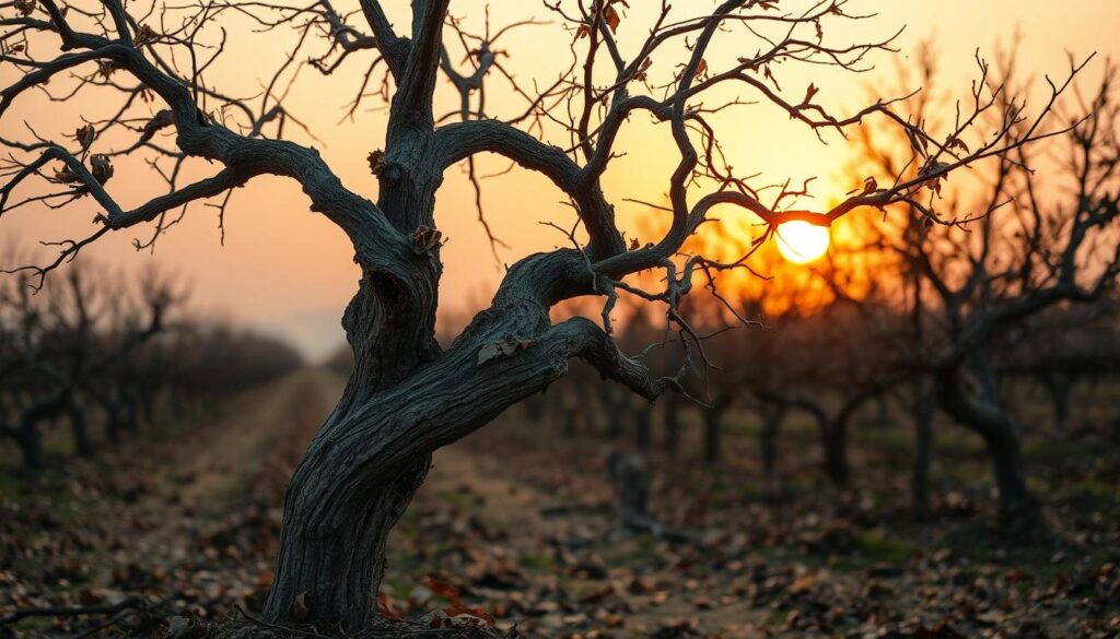 An aged and diseased fruit tree stands prominently in the foreground, its gnarled branches twisted and bare, showing signs of decay with peeling bark and sparse, brown leaves. The middle ground features a soft, blurred landscape of a fading orchard, with other neglected trees in similar states of disrepair. In the background, a nuanced sunset bathes the scene in warm, golden light, casting long shadows that enhance the tree’s features. The atmosphere is melancholic yet reflective, evoking a sense of loss and the passage of time. The image should be captured at a slight low angle to emphasize the tree’s prominence and potential dangers, with a focus on the intricate textures of the bark and ground littered with fallen leaves. An aged and diseased fruit tree stands prominently in the foreground, its gnarled branches twisted and bare, showing signs of decay with peeling bark and sparse, brown leaves. The middle ground features a soft, blurred landscape of a fading orchard, with other neglected trees in similar states of disrepair. In the background, a nuanced sunset bathes the scene in warm, golden light, casting long shadows that enhance the tree’s features. The atmosphere is melancholic yet reflective, evoking a sense of loss and the passage of time. The image should be captured at a slight low angle to emphasize the tree’s prominence and potential dangers, with a focus on the intricate textures of the bark and ground littered with fallen leaves.