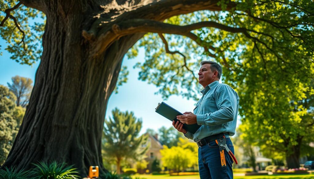 An arborist confidently assesses a large, majestic tree in a well-manicured park, surrounded by tools of the trade such as a clipboard, measuring tape, and pruning shears. In the foreground, the arborist, dressed in professional attire, is taking detailed notes while looking up at the tree's branches. The middle ground features the vibrant greenery of the surrounding area, showcasing other trees and plants to illustrate a healthy environment. The background reveals a clear blue sky and sunlight filtering through the leaves, creating a warm, inviting atmosphere. The scene is captured from a slightly elevated angle, allowing for a comprehensive view of both the arborist and the tree, with soft, natural lighting emphasizing the professionalism and thoroughness of the reporting process. An arborist confidently assesses a large, majestic tree in a well-manicured park, surrounded by tools of the trade such as a clipboard, measuring tape, and pruning shears. In the foreground, the arborist, dressed in professional attire, is taking detailed notes while looking up at the tree's branches. The middle ground features the vibrant greenery of the surrounding area, showcasing other trees and plants to illustrate a healthy environment. The background reveals a clear blue sky and sunlight filtering through the leaves, creating a warm, inviting atmosphere. The scene is captured from a slightly elevated angle, allowing for a comprehensive view of both the arborist and the tree, with soft, natural lighting emphasizing the professionalism and thoroughness of the reporting process.