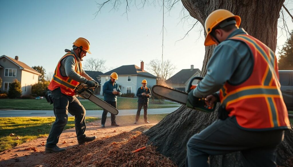 An outdoor tree felling scene showcasing the tree removal process in a suburban area. In the foreground, skilled workers in professional safety gear operate chainsaws, carefully felling an old military tree. The focus should be on the precise moment of cutting, with sawdust flying and the tree beginning to tilt. In the middle ground, a team is assessing the site, using tools like measuring tapes and notebooks, illustrating the careful planning involved. The background features a clear blue sky and neighboring homes, emphasizing a community setting. Capture the lighting of late afternoon sun casting warm hues, creating a serious yet determined atmosphere. The angle should be slightly lower to highlight the tree's grandeur while showing the professionals at work. An outdoor tree felling scene showcasing the tree removal process in a suburban area. In the foreground, skilled workers in professional safety gear operate chainsaws, carefully felling an old military tree. The focus should be on the precise moment of cutting, with sawdust flying and the tree beginning to tilt. In the middle ground, a team is assessing the site, using tools like measuring tapes and notebooks, illustrating the careful planning involved. The background features a clear blue sky and neighboring homes, emphasizing a community setting. Capture the lighting of late afternoon sun casting warm hues, creating a serious yet determined atmosphere. The angle should be slightly lower to highlight the tree's grandeur while showing the professionals at work.
