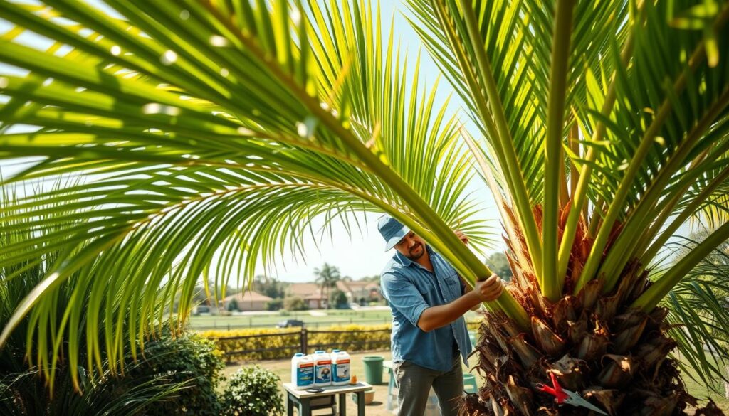 Close-up view of a lush palm tree with bright green fronds, showcasing healthy leaves in a well-maintained garden setting. In the foreground, a professional arborist, dressed in smart casual attire, meticulously inspects the palm's trunk for signs of disease or pests, holding a gardening tool. In the middle ground, a small selection of gardening equipment—fertilizers, pruning shears—arranged neatly on a workbench. The background includes a serene suburban landscape of Centurion, with a clear blue sky overhead and a few distant houses framed by greenery. Soft, natural lighting highlights the vibrant colors and details of the palm tree, creating an inviting and tranquil atmosphere that emphasizes the importance of palm tree care. Close-up view of a lush palm tree with bright green fronds, showcasing healthy leaves in a well-maintained garden setting. In the foreground, a professional arborist, dressed in smart casual attire, meticulously inspects the palm's trunk for signs of disease or pests, holding a gardening tool. In the middle ground, a small selection of gardening equipment—fertilizers, pruning shears—arranged neatly on a workbench. The background includes a serene suburban landscape of Centurion, with a clear blue sky overhead and a few distant houses framed by greenery. Soft, natural lighting highlights the vibrant colors and details of the palm tree, creating an inviting and tranquil atmosphere that emphasizes the importance of palm tree care.