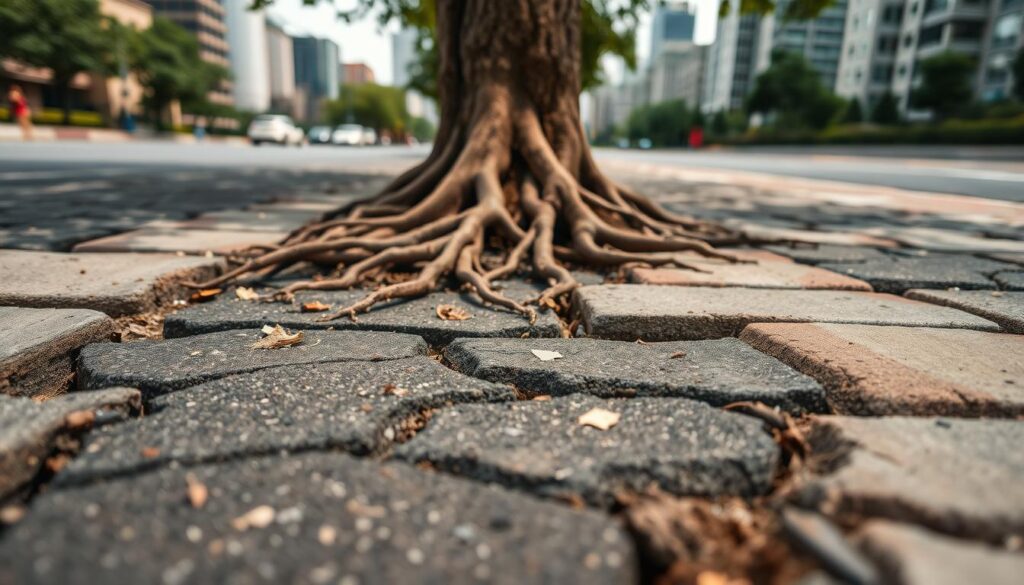 Close-up view of early warning signs of pavement damage due to tree roots, prominently featuring cracked asphalt and uneven paving stones. In the foreground, highlight a section of the road with visible uplift and fissures caused by encroaching roots, with small pieces of debris scattered around. The middle ground includes healthy tree roots intertwined with the cracked pavement, emphasizing their impact. In the background, show a blurred cityscape under a soft, diffused daylight to evoke a sense of urgency without explicit human presence. The angle is slightly tilted to illustrate the unevenness of the surface, with natural lighting casting subtle shadows that enhance the textures of the cracked asphalt. Aim for a realistic and educational atmosphere to support awareness of pavement issues. Close-up view of early warning signs of pavement damage due to tree roots, prominently featuring cracked asphalt and uneven paving stones. In the foreground, highlight a section of the road with visible uplift and fissures caused by encroaching roots, with small pieces of debris scattered around. The middle ground includes healthy tree roots intertwined with the cracked pavement, emphasizing their impact. In the background, show a blurred cityscape under a soft, diffused daylight to evoke a sense of urgency without explicit human presence. The angle is slightly tilted to illustrate the unevenness of the surface, with natural lighting casting subtle shadows that enhance the textures of the cracked asphalt. Aim for a realistic and educational atmosphere to support awareness of pavement issues.