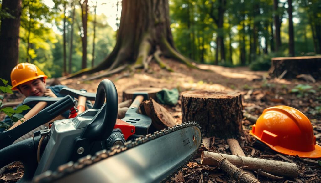 Close-up view of heavy-duty tree felling equipment arranged neatly on a forest floor, emphasizing various tools such as a chainsaw, axes, and protective gear like helmets and gloves. In the foreground, focus on a high-quality chainsaw with gleaming metal parts, its sharp blade glistening under soft sunlight. The middle layer features a backdrop of a gently sloping area with large trees and stumps, showcasing them as recent work sites. In the background, the green foliage of surrounding trees creates a tranquil, natural atmosphere. The lighting is warm and inviting, with a slight golden hue, suggesting early morning or late afternoon. The scene conveys safety, professionalism, and efficiency in tree cutting techniques, aiming to inform and engage the viewer. Close-up view of heavy-duty tree felling equipment arranged neatly on a forest floor, emphasizing various tools such as a chainsaw, axes, and protective gear like helmets and gloves. In the foreground, focus on a high-quality chainsaw with gleaming metal parts, its sharp blade glistening under soft sunlight. The middle layer features a backdrop of a gently sloping area with large trees and stumps, showcasing them as recent work sites. In the background, the green foliage of surrounding trees creates a tranquil, natural atmosphere. The lighting is warm and inviting, with a slight golden hue, suggesting early morning or late afternoon. The scene conveys safety, professionalism, and efficiency in tree cutting techniques, aiming to inform and engage the viewer.