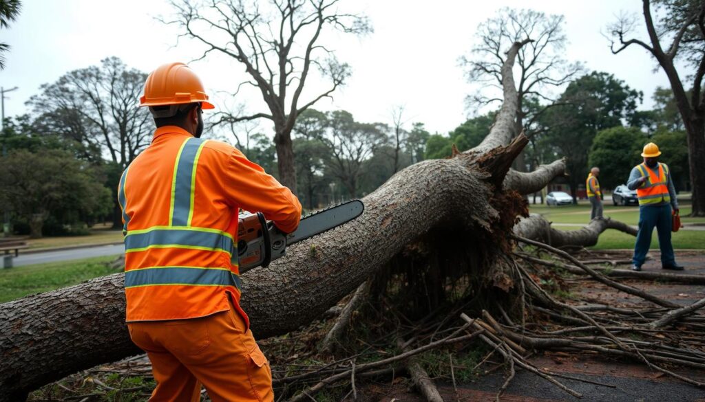 Emergency tree removal scene in Wierda Park, Centurion: a professional team is actively cutting a large fallen tree with heavy-duty chainsaws. In the foreground, a worker in a bright orange safety vest and hard hat skillfully operates the chainsaw. In the middle ground, another crew member is directing traffic away from the area, ensuring safety amidst the storm response. The background showcases a park scene with storm-damaged trees, a cloudy sky with soft, diffused light, and fallen branches scattered on the ground. The atmosphere is urgent yet organized, conveying the seriousness of the emergency response while maintaining a sense of professionalism and teamwork. The image is captured from a slightly elevated angle, emphasizing the scale of the operation while maintaining a focus on the workers' actions. Emergency tree removal scene in Wierda Park, Centurion: a professional team is actively cutting a large fallen tree with heavy-duty chainsaws. In the foreground, a worker in a bright orange safety vest and hard hat skillfully operates the chainsaw. In the middle ground, another crew member is directing traffic away from the area, ensuring safety amidst the storm response. The background showcases a park scene with storm-damaged trees, a cloudy sky with soft, diffused light, and fallen branches scattered on the ground. The atmosphere is urgent yet organized, conveying the seriousness of the emergency response while maintaining a sense of professionalism and teamwork. The image is captured from a slightly elevated angle, emphasizing the scale of the operation while maintaining a focus on the workers' actions.